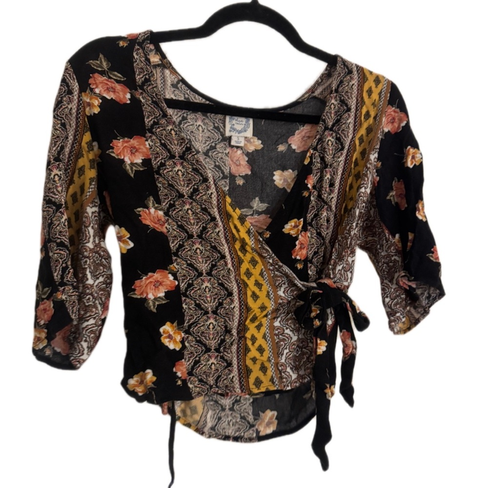 Blue Rain Floral Wrap Blouse - Black and Yellow